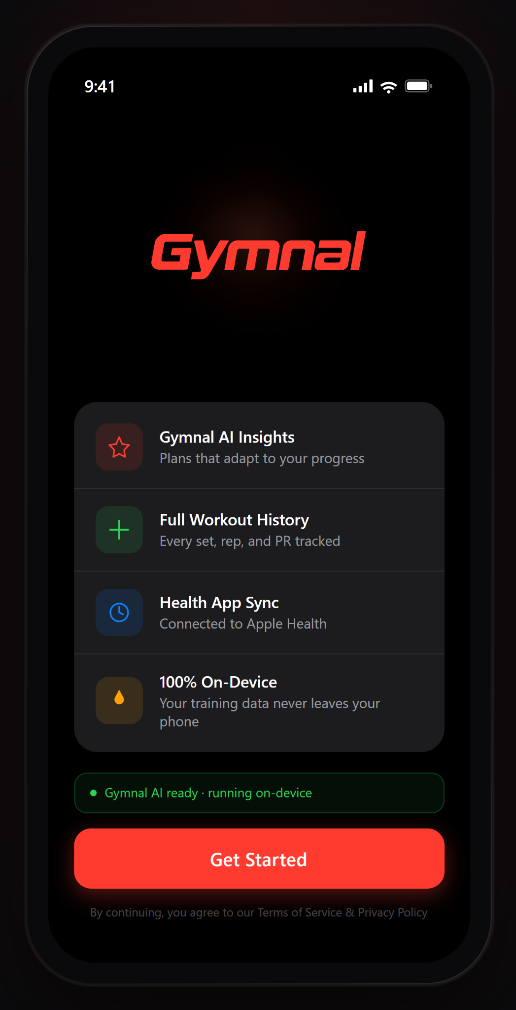 Gymnal onboarding screen highlighting on-device AI, workout history, Health app sync, and privacy