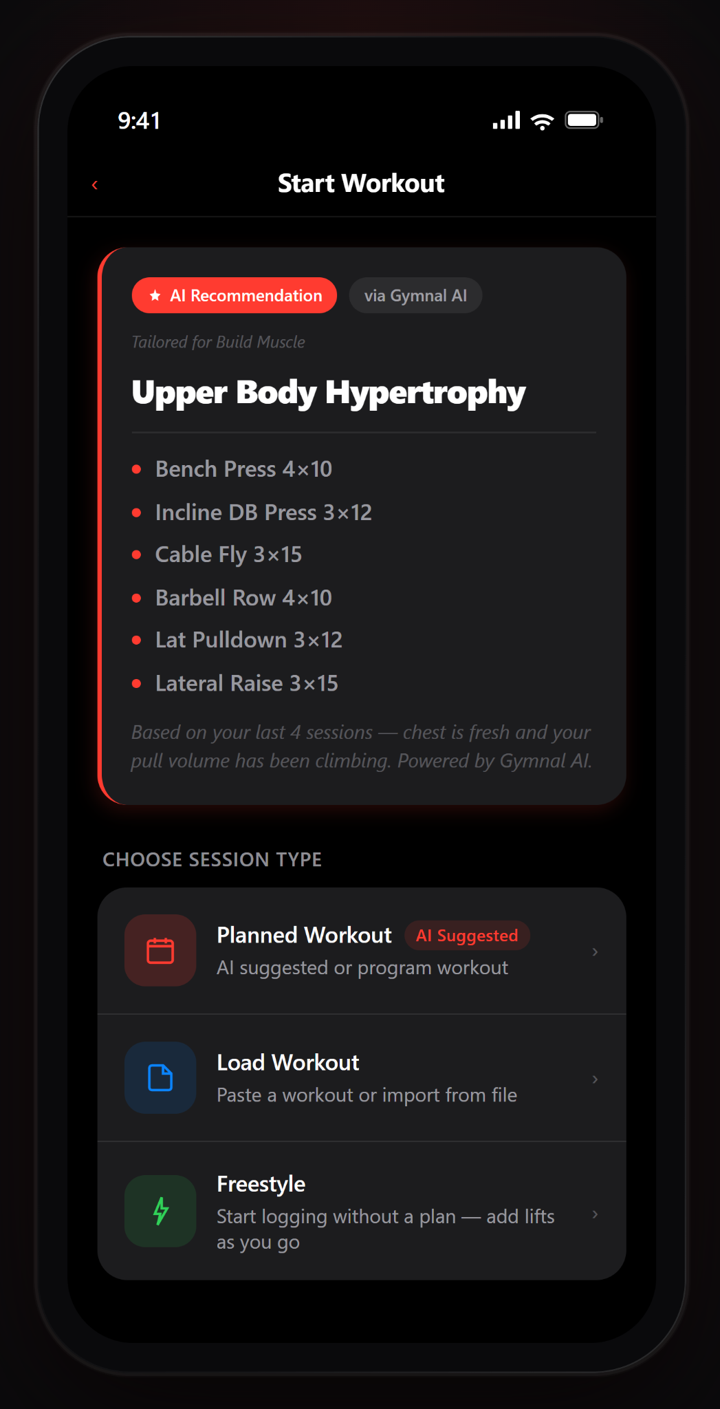 Gymnal pre-workout screen showing an AI recommended upper body hypertrophy workout