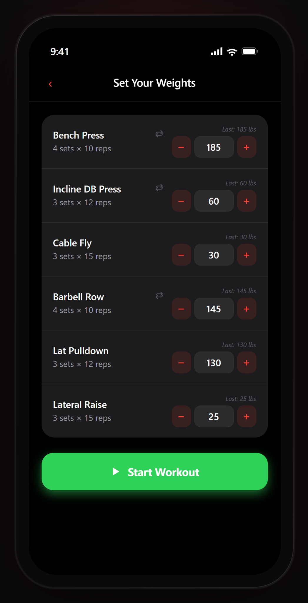 Gymnal set weights screen with exercises and adjustable working weights