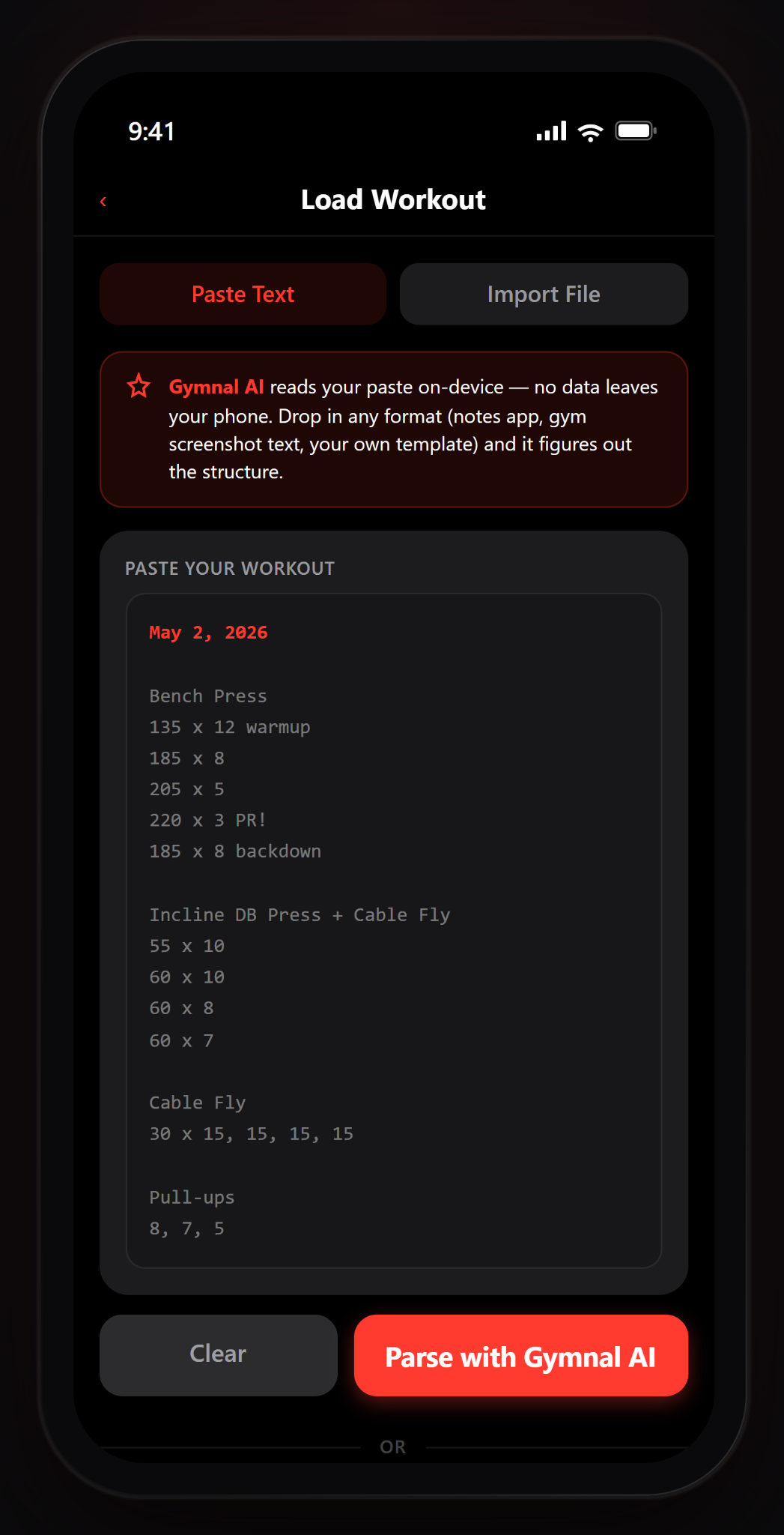 Gymnal load workout screen where pasted workout text can be parsed with Gymnal AI