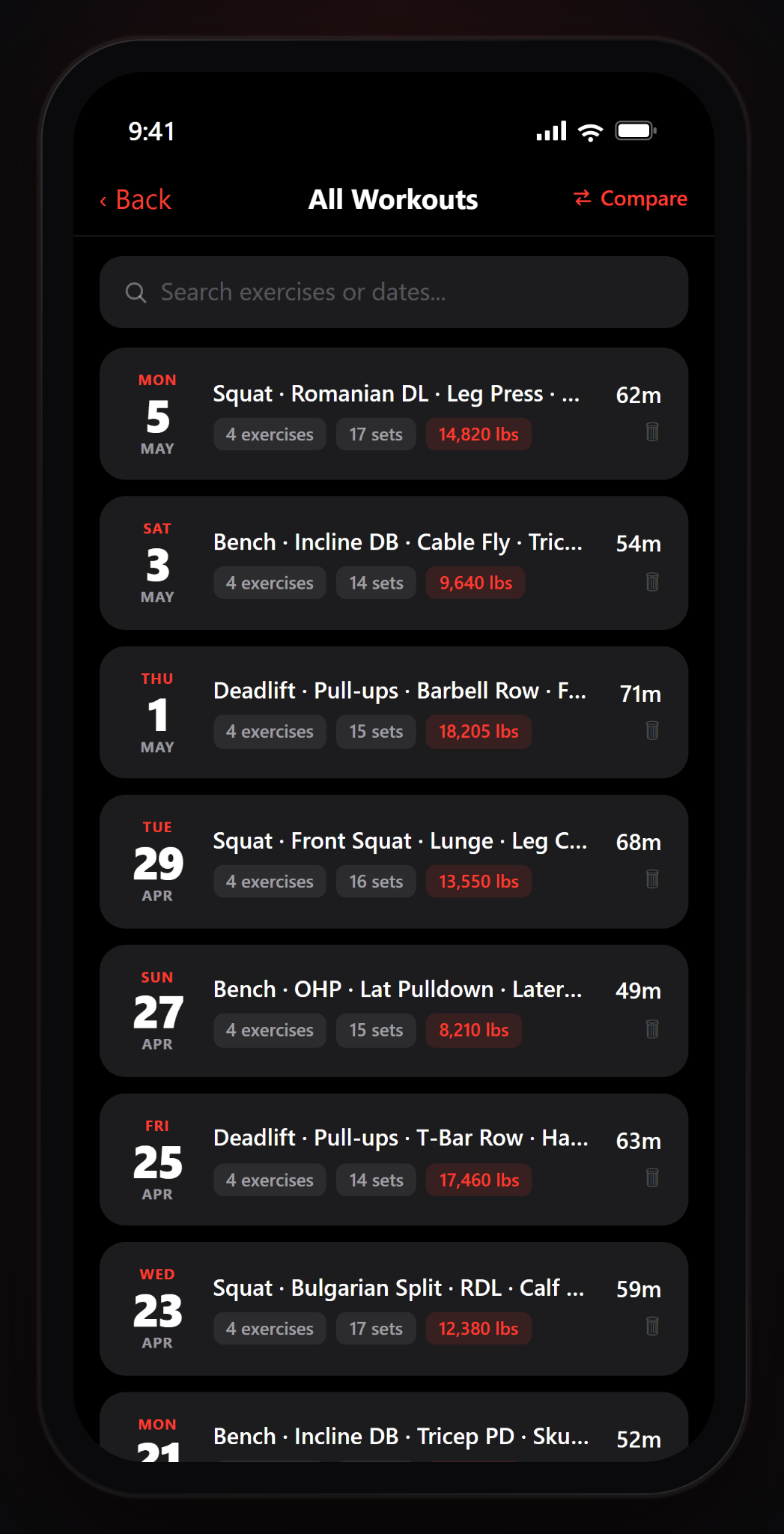 Gymnal workout history screen