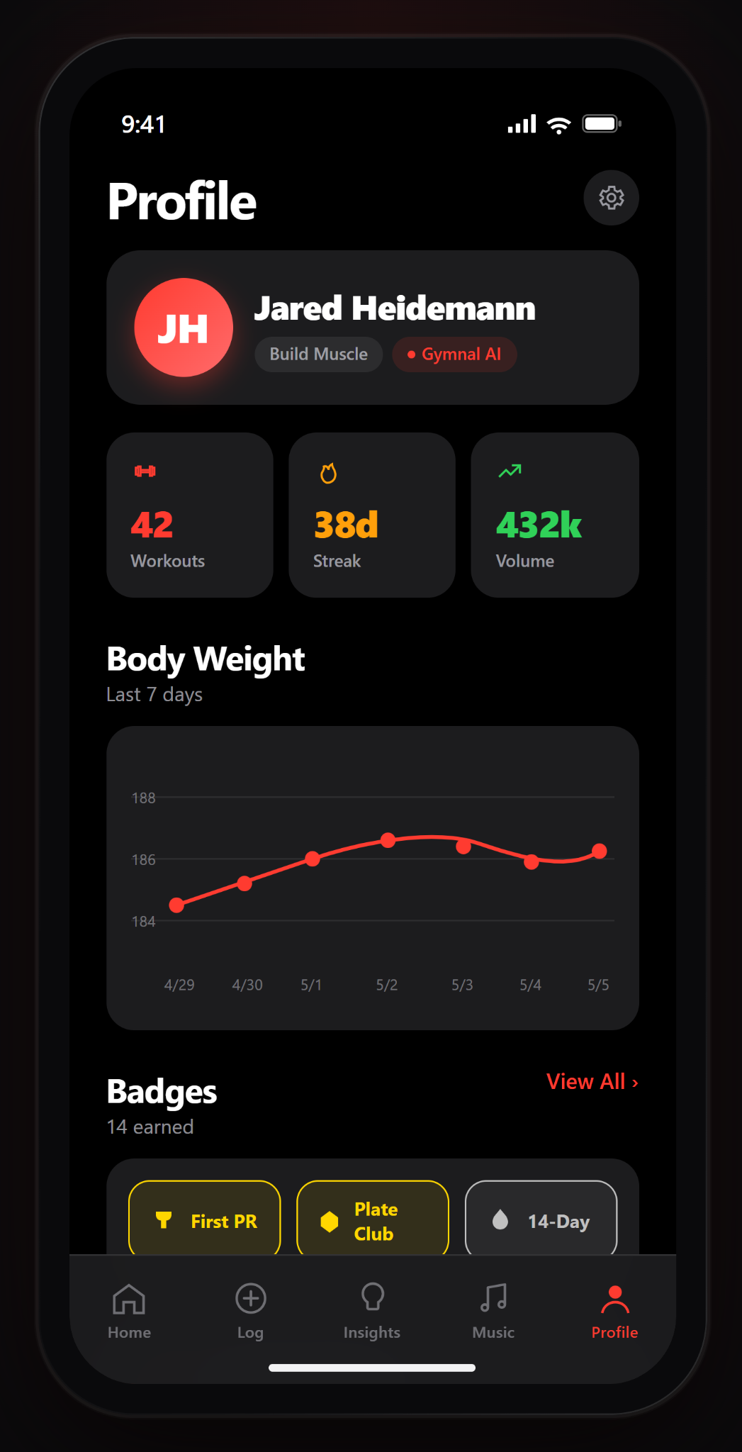 Gymnal profile screen showing workouts, streak, volume, body weight, and badges