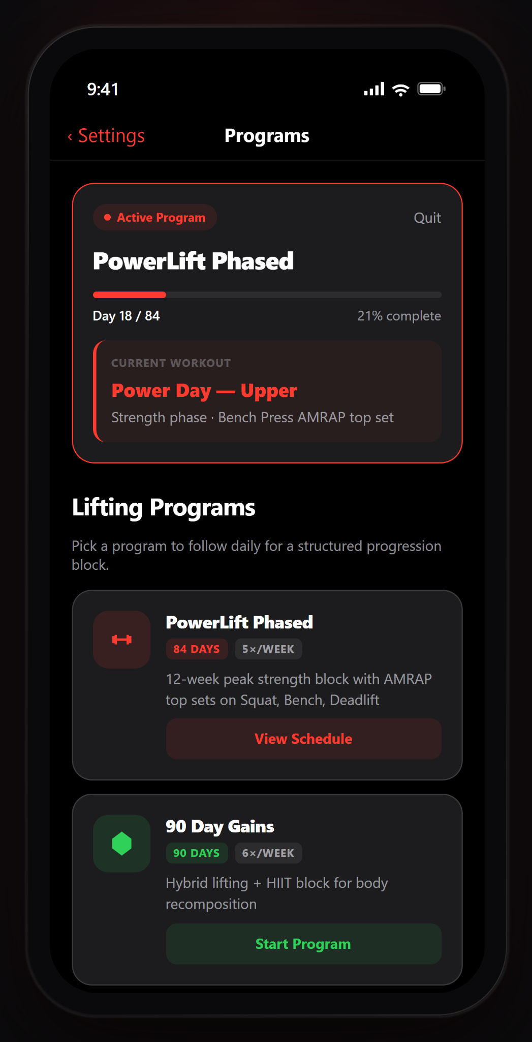 Gymnal programs screen