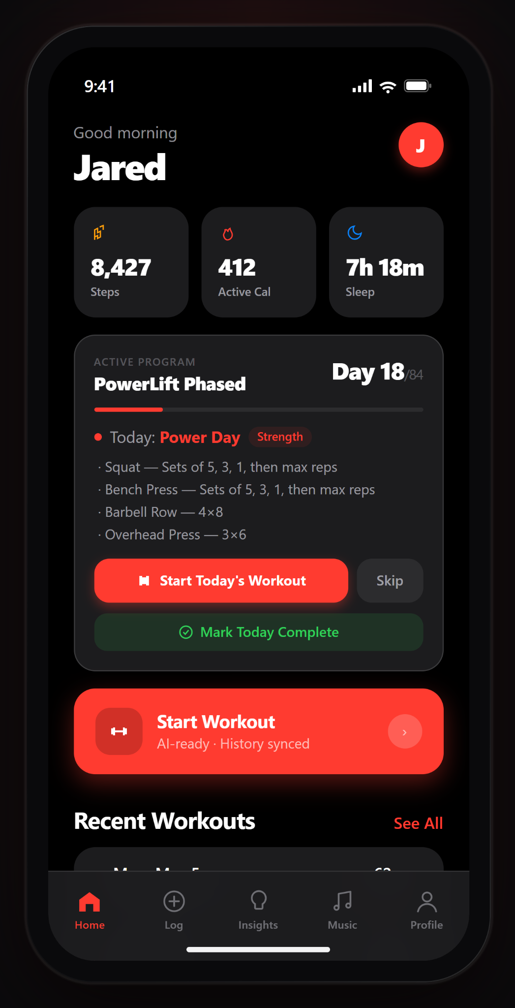 Gymnal home screen showing an active training program and start workout prompt