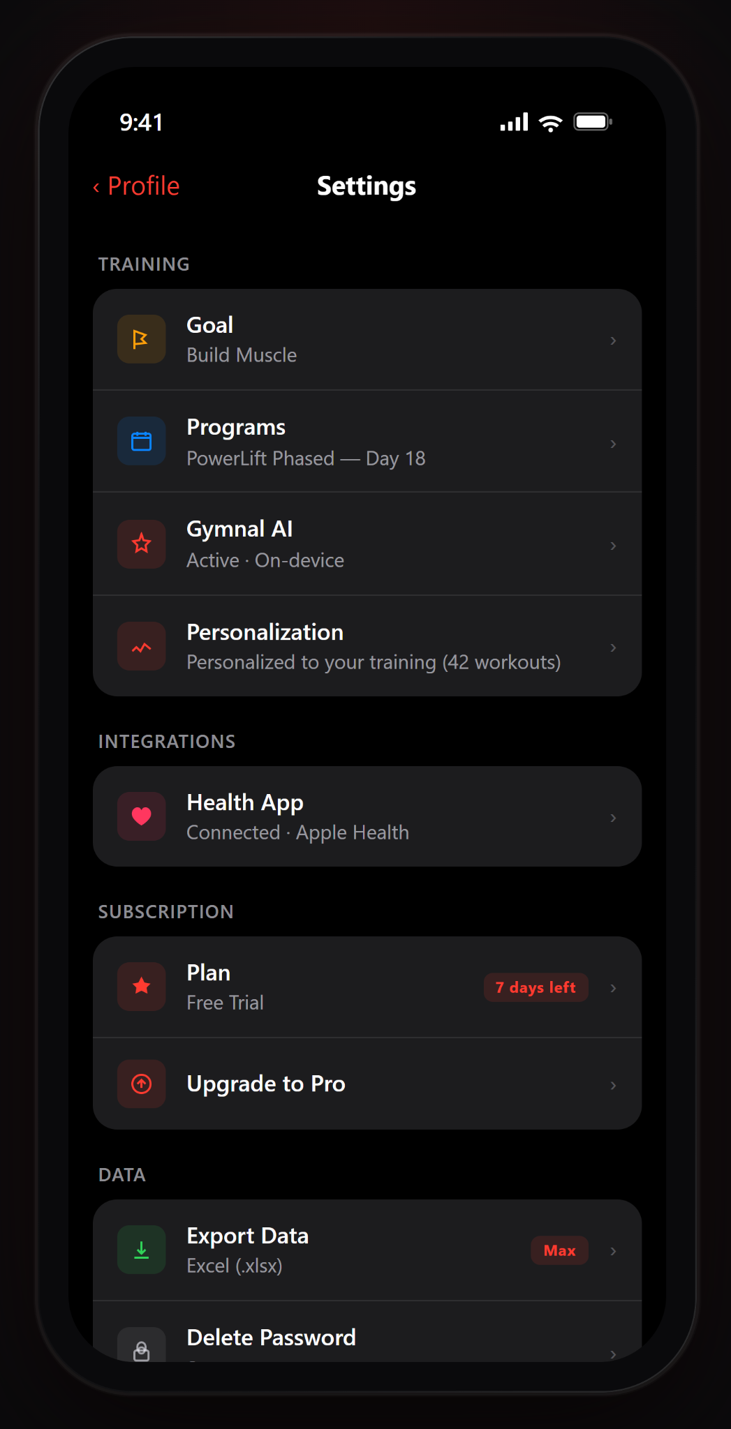 Gymnal settings screen