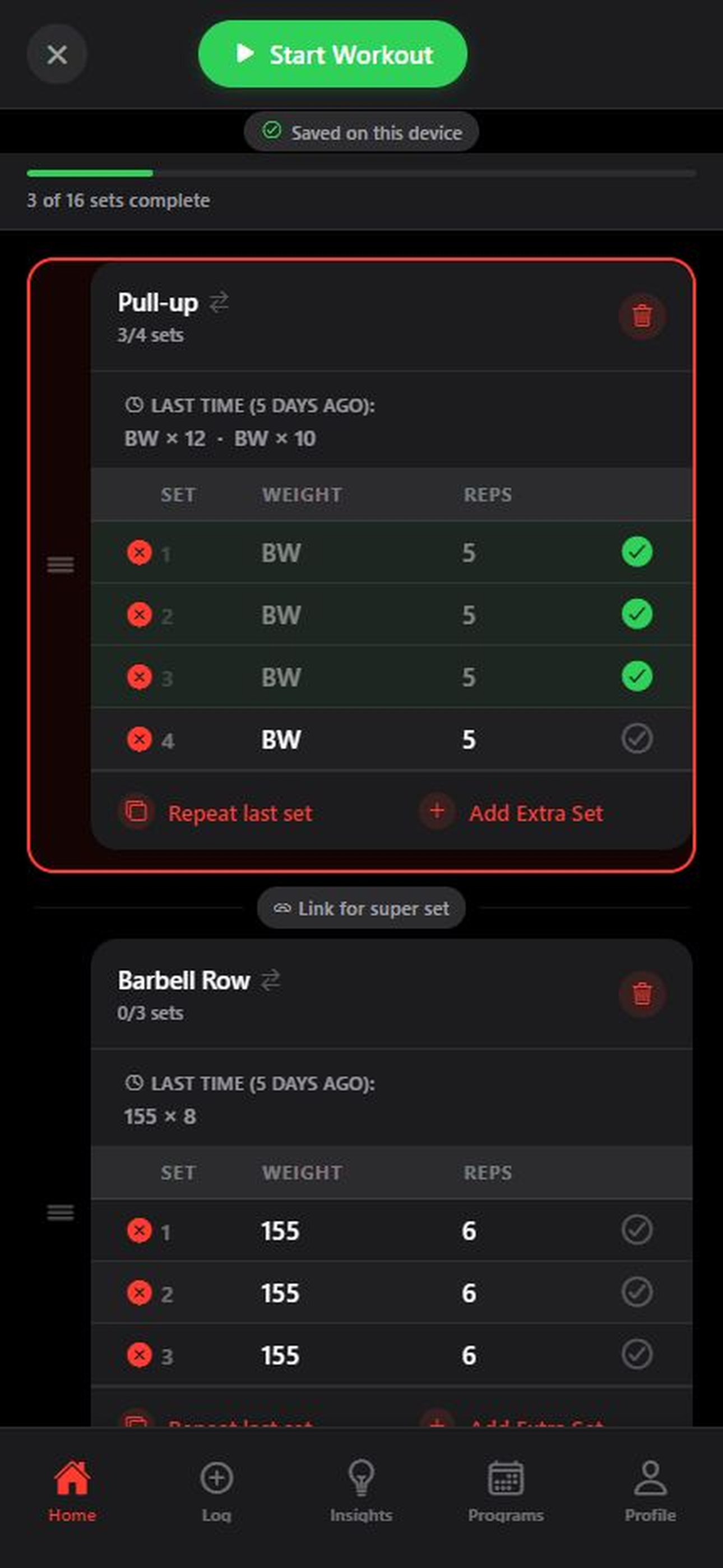 Gymnal live workout screen with exercise sets, rest timing, and session progress