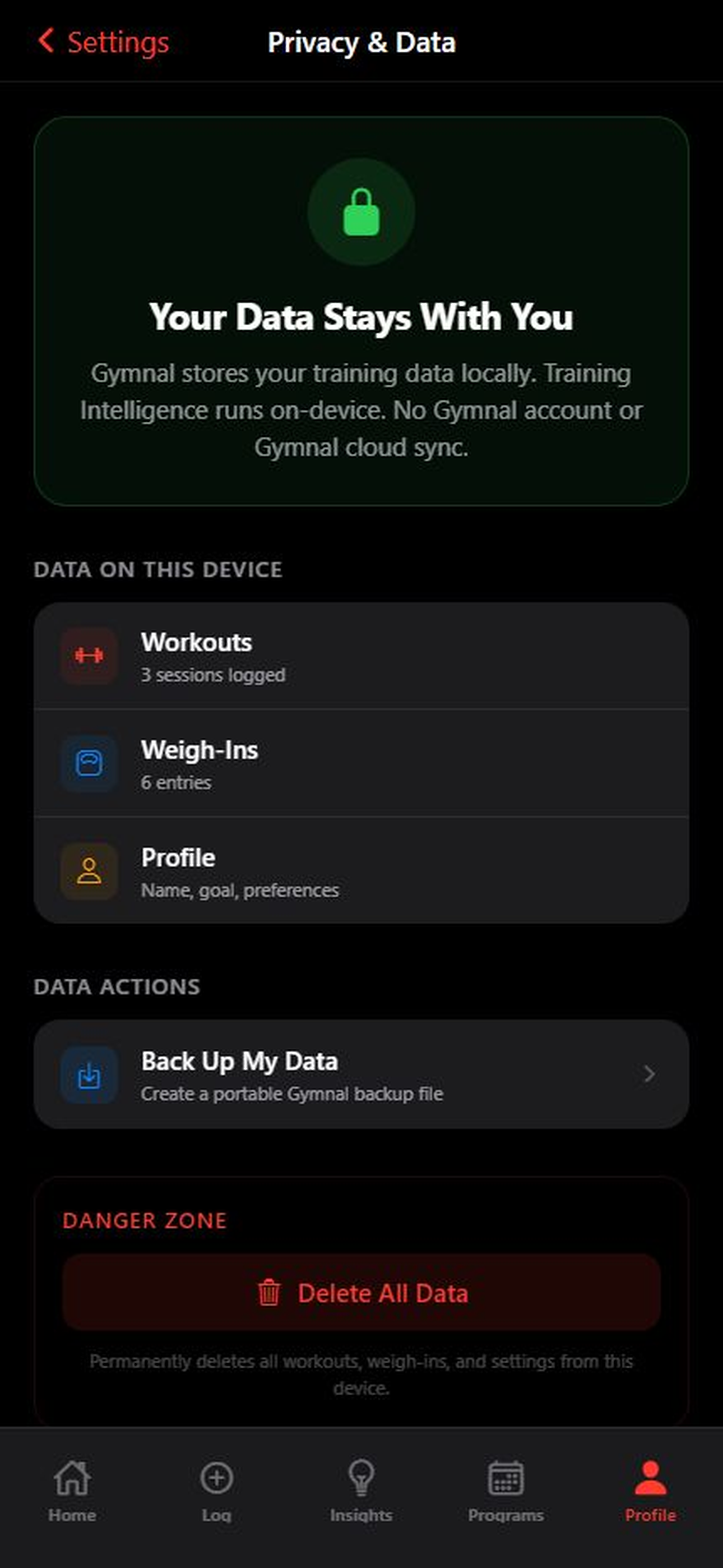 Gymnal Privacy and Data screen with local data controls, backups, and policy access