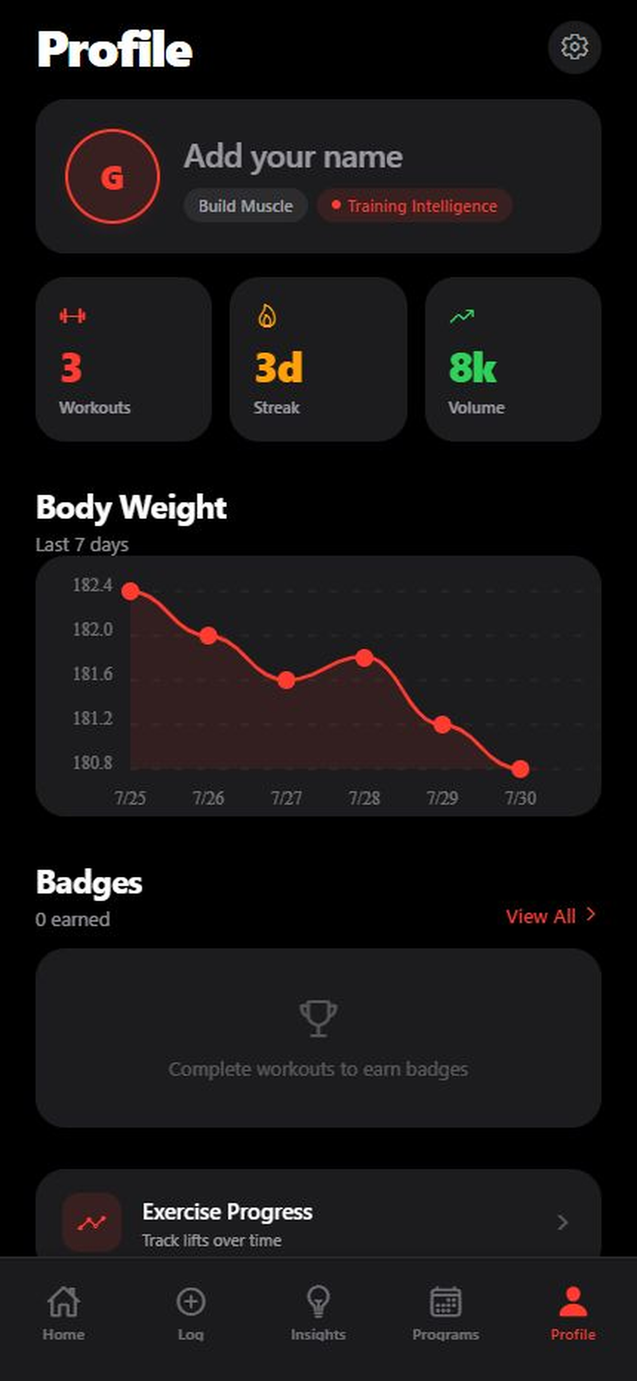 Gymnal profile screen showing workouts, streak, volume, body weight, and badges