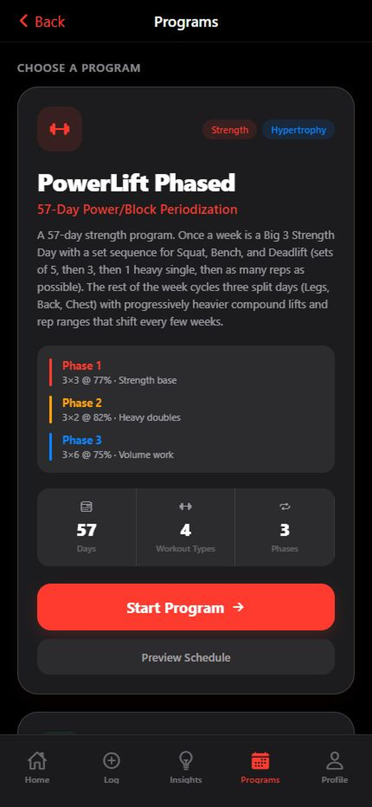 Gymnal programs screen