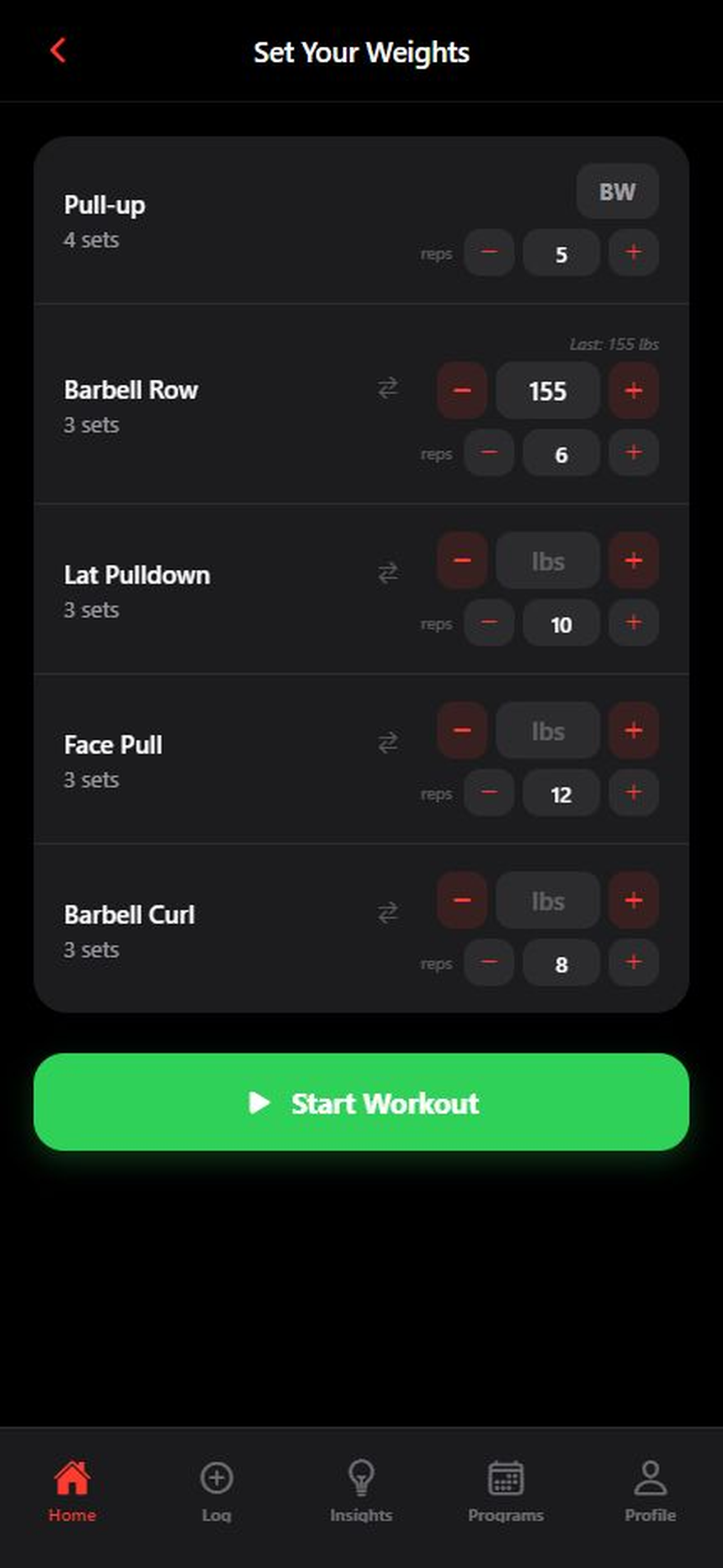Gymnal set weights screen with exercises and adjustable working weights